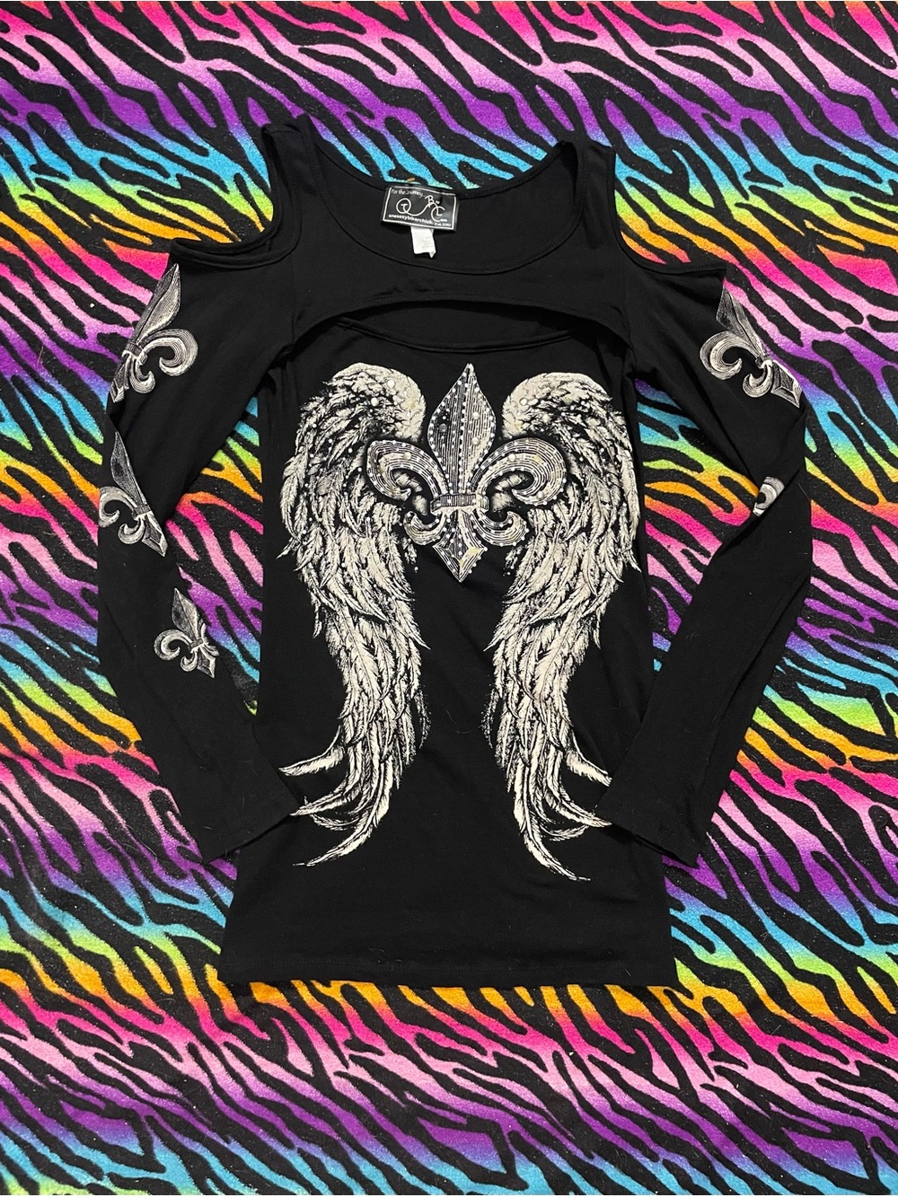 Y2k vintage emo grunge biker Long Sleeve Top with Angel Wing Fleur de Lis
